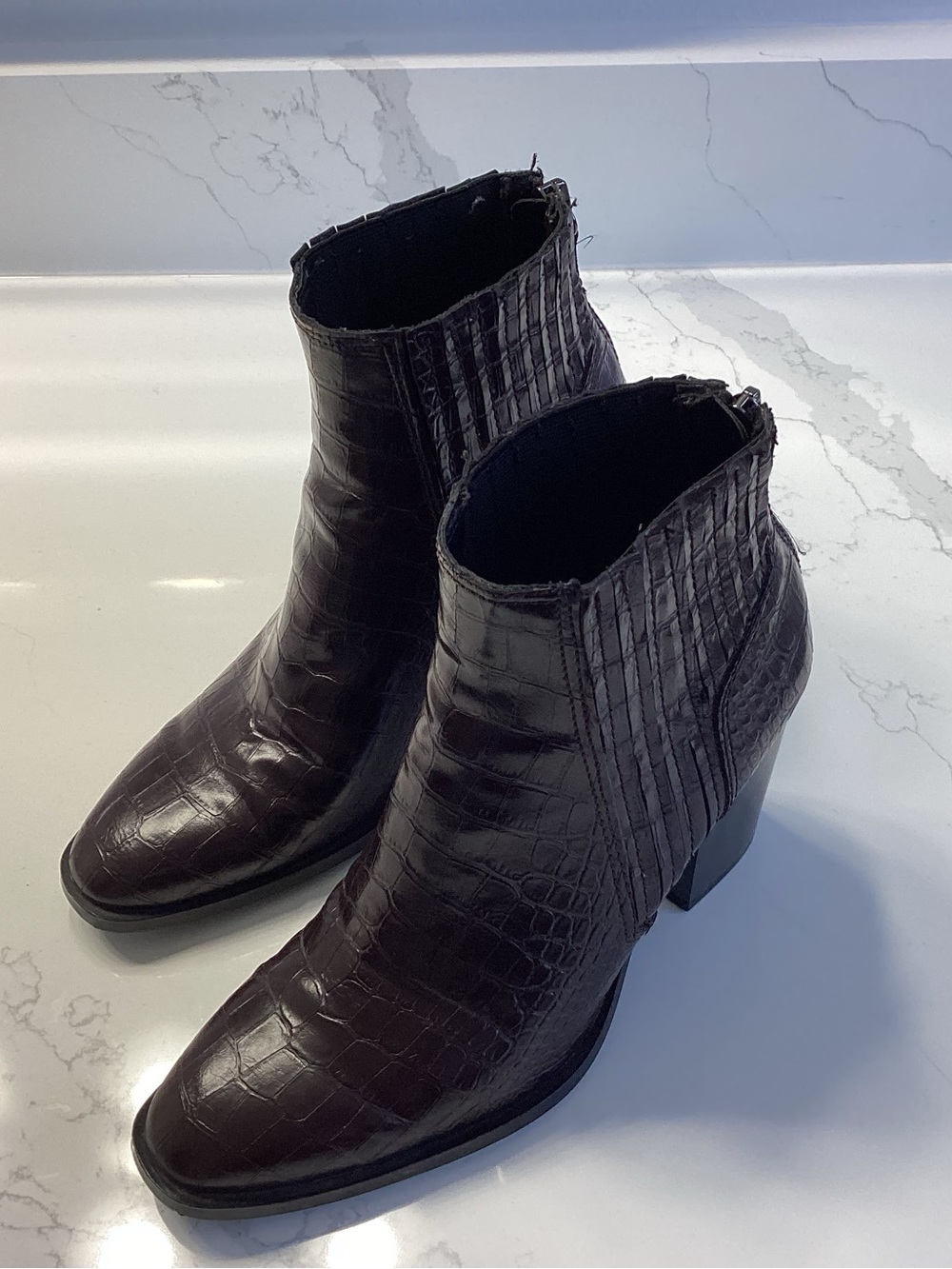 Zara Dark Chocolate Brown Croc-Embossed Block Heel Ankle Booties